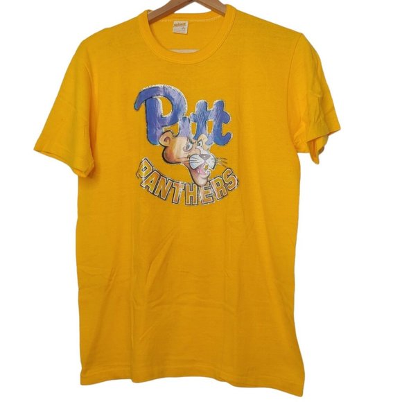 Vintage 80s University of Pitt Panthers Single Stitch Men L T Shirt Glitter - Picture 1 of 12